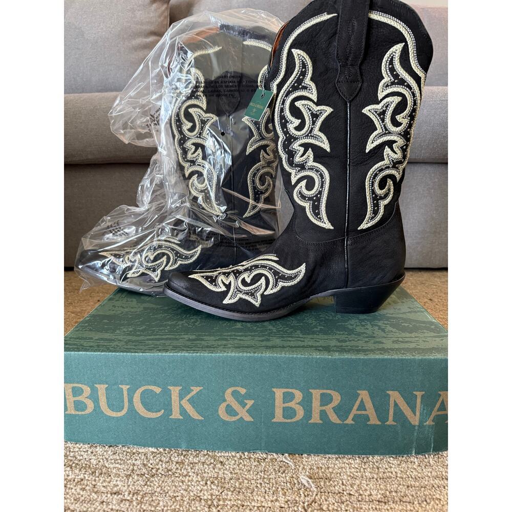 NEW Buck and Brana Ginger Florida Cowboy Boots‎ W11 Black White Leather